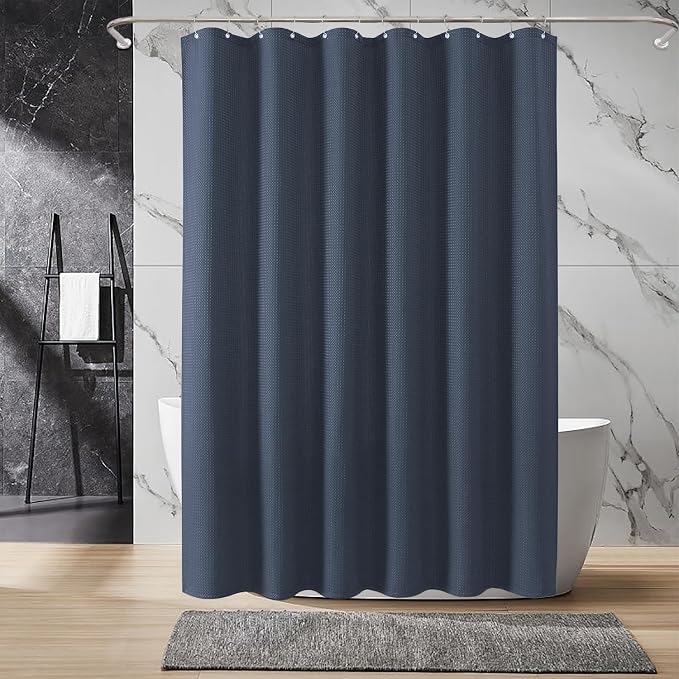 Inhousolu Fabric Shower Curtain Waffle Weave, Weighted Hem, 12 Metal Hooks - Image 8