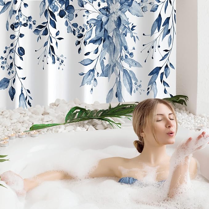 Gibelle Small Stall Shower Curtain 36 x 72, Narrow Navy Blue Floral Shower - Image 2