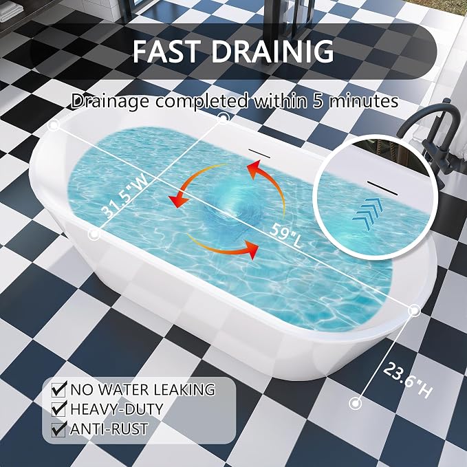 59" Free Standing Tub, Pure Acrylic Freestanding Bathtub, Stylish Stand Alone - Image 5