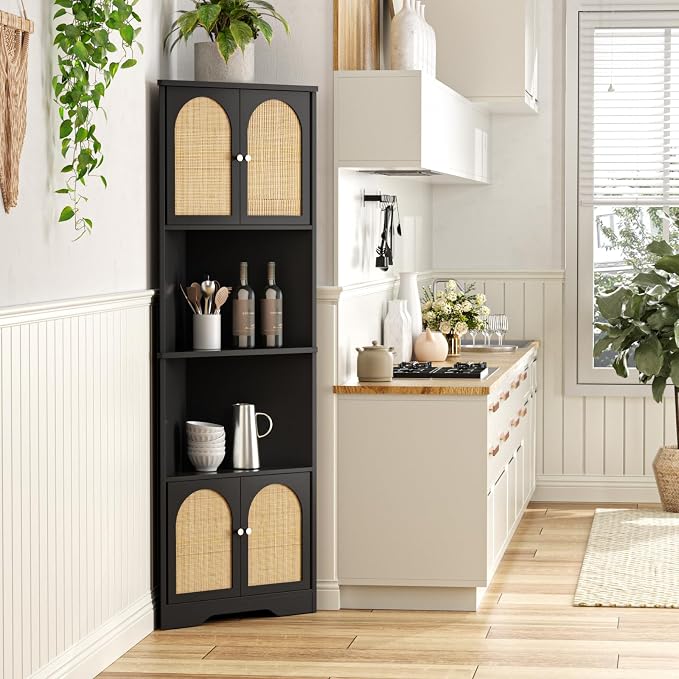67''H Tall Corner Cabinet with Handmade Rattan Door, Rattan Storage Cabinet - Image 4