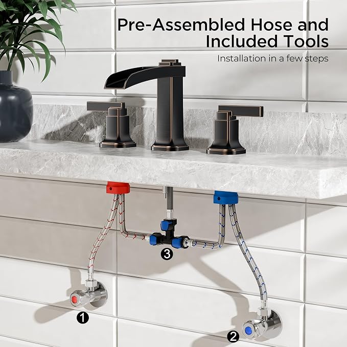 FORIOUS Brass Bathroom Faucets 3 Hole, Modern Waterfall Widespread 8 Inch Oil - Image 6
