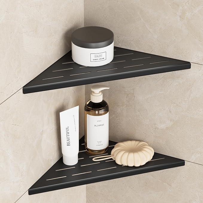 Neodrain 12 Inch Matte Black Corner Shelf Set of 2, Shower Shelves - Image 2