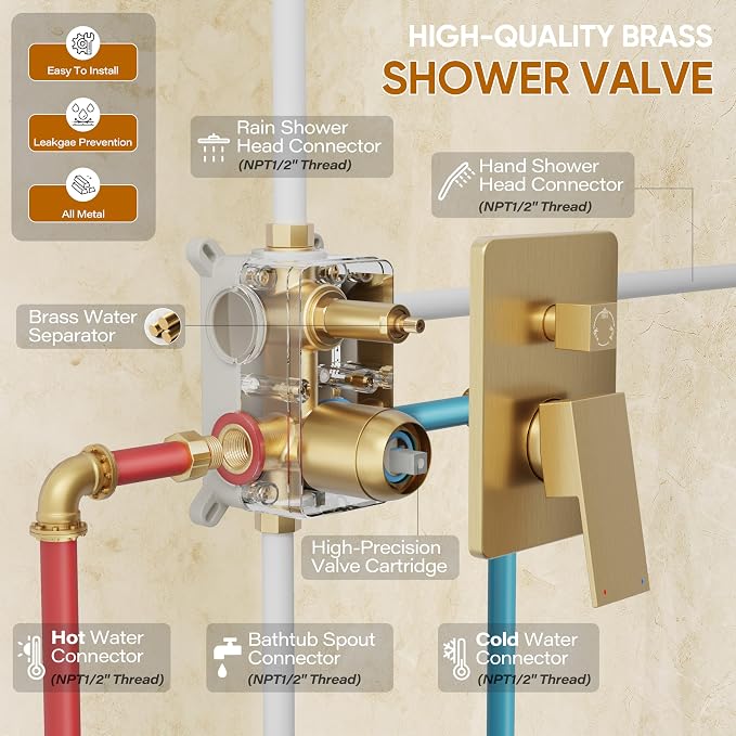 Gold Tub Shower System, All Metal Tub Shower Faucet Set - Image 6