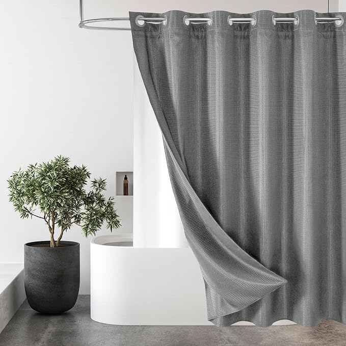MitoVilla Black Waffle Long Shower Curtain Liner Set 72 x 80, No Hooks Needed by MitoVilla