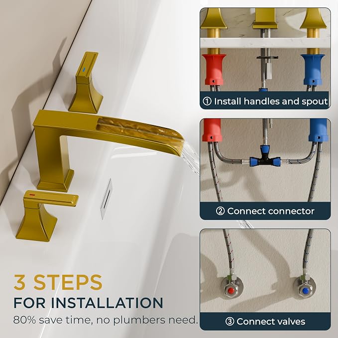 FORIOUS Waterfall Bathtub Faucet Set 3 Hole Brushed Gold, 2 Handle Deck Mount - Image 3