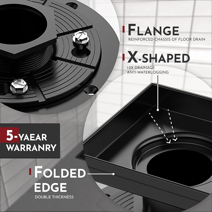 WEBANG 6 Inch Square Shower Drain Black Floor Drain - Image 3