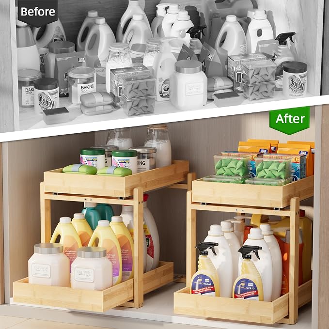 2 Pack Under Sink Organizer, Bamboo Wooden 2-Tier Pull-Out Storage - Image 7