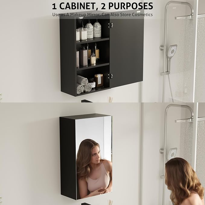eclife 24" Bathroom Medicine Cabinet W/Mirror, Single Door Bathroom Black Wall - Image 4