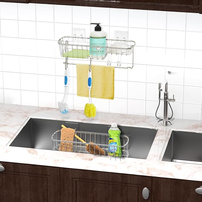 Simple Houseware Bathroom Adhesive Wall Mount Large Shower Caddy w/Hooks - Image 6
