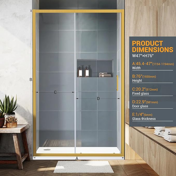 Bathroom Shower Glass Door 45.4"-47" W×76" H, Single Sliding Shower Door - Image 2