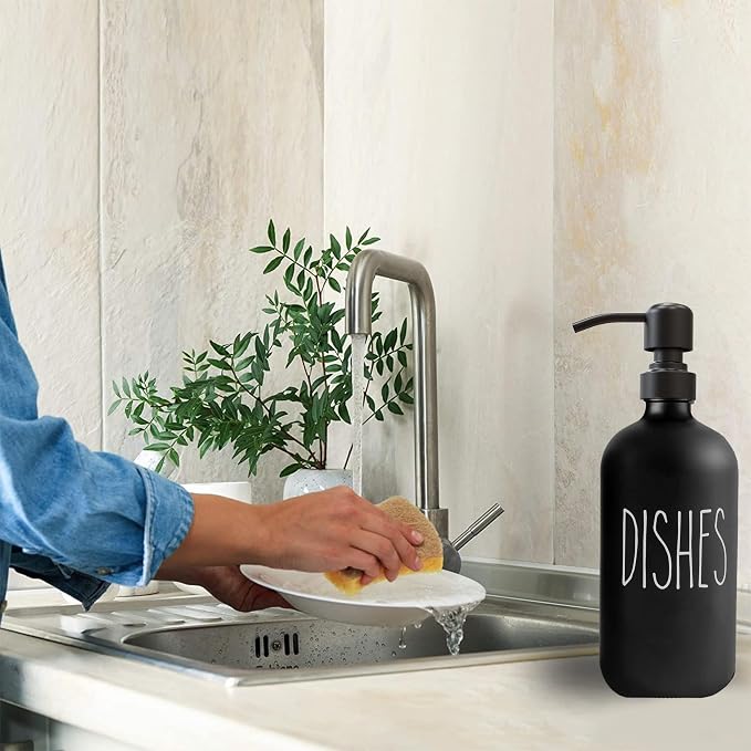 16 OZ Thick Black Glass Soap Dispenser, Matte Black Stainless Steel Pump 2 Pack - Image 4