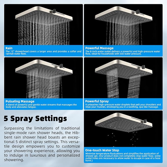 Hibbent 5-spray 13'' Dual Filtered Rainfall Shower Head Combo, High Pressure - Image 2