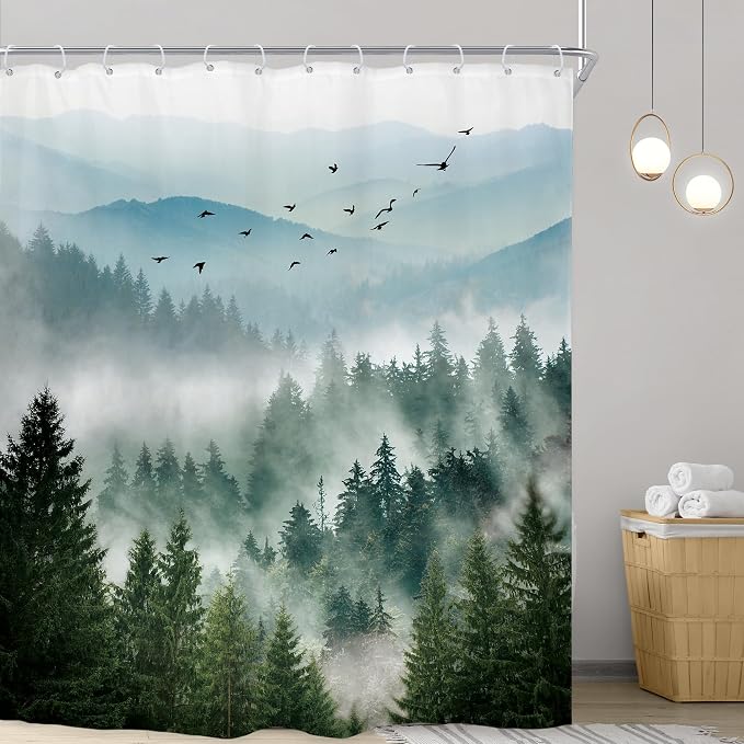 Riyidecor Green Mountain Shower Curtain 72Wx96H Inch Extra Long Nature Rustic - Image 2