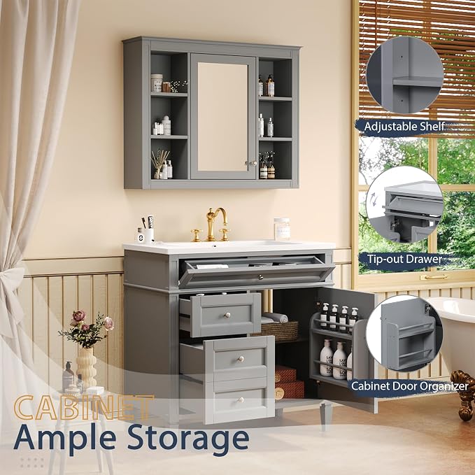 36" Bathroom Vanity with Matching Medicine Cabinet, Modern Sink Storage Cabinet - Image 3