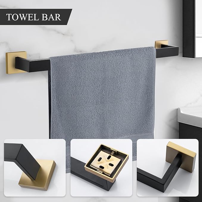 TURS 4-Piece Bathroom Hardware Set Black and Brushed Gold Towel Bar Holder Set - Image 2
