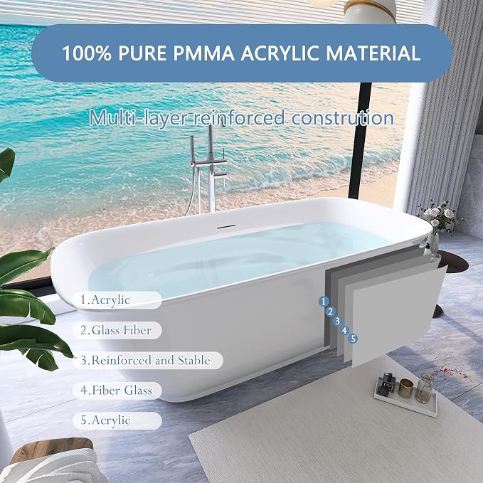 59" Free Standing Tub, Pure Acrylic Freestanding Bathtub, Stylish Stand Alone - Image 5