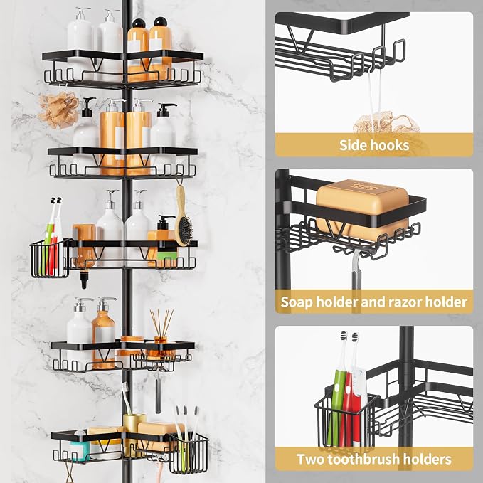 Adjustable Tension Pole Shower Caddy, 5-Tier Stainless Steel Shower Shelf - Image 3