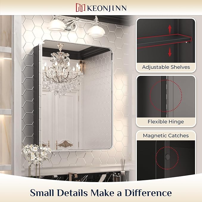 Keonjinn 24 x 32 Inch Chrome Recessed Medicine Cabinets, Bathroom Mirrored - Image 7