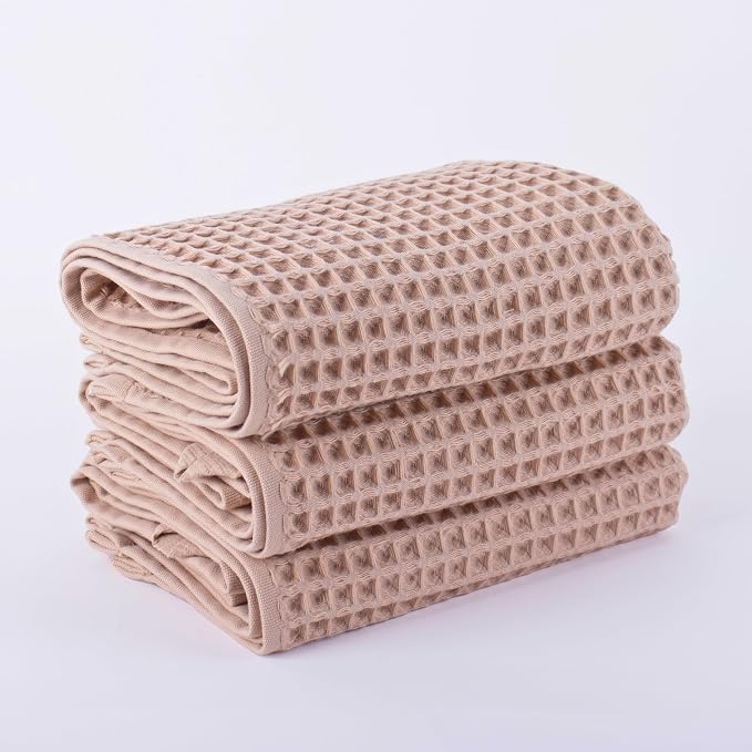 PÜSKÜL Waffle Kitchen & Hand Towel Organic 100% Turkish Cotton Set of 3 Beige by P%C3%BCsk%C3%BClTextile