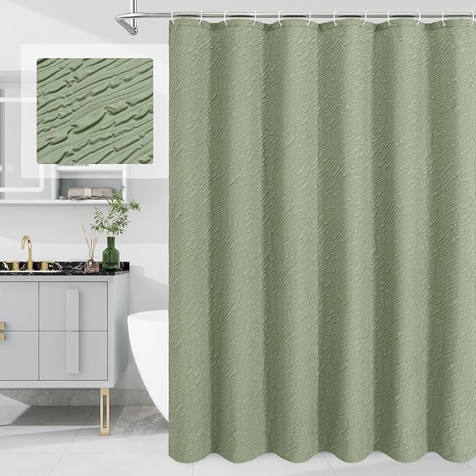 MitoVilla Sage Green Shower Curtain, Farmhouse Waves Fabric Shower Curtains by MitoVilla