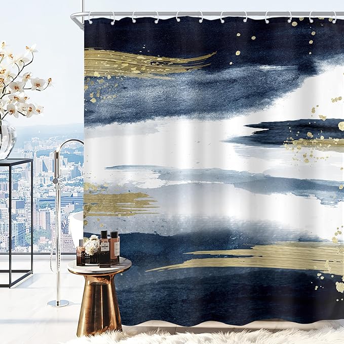 Cinbloo Navy Blue Marble Shower Curtain 60Wx72H Abstract Modern Ombre Gold by Cinbloo