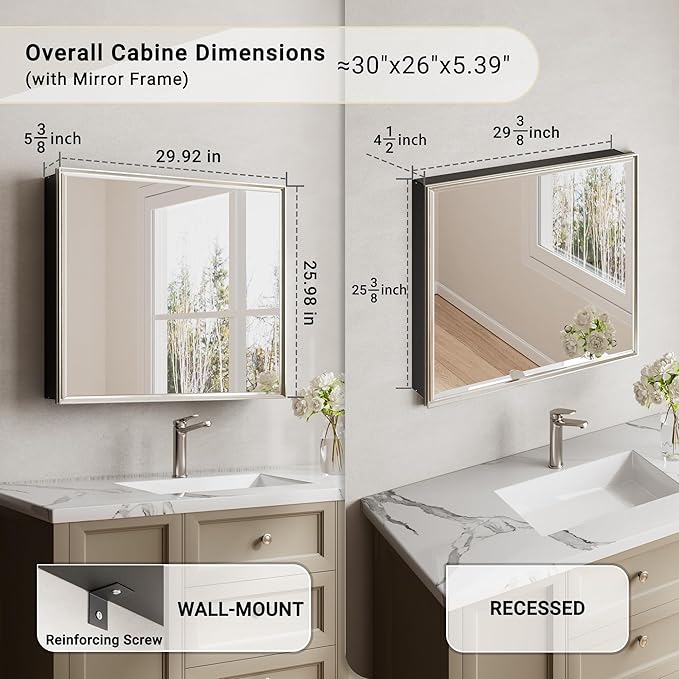 30x26 Pre-Assembled Bathroom Medicine Cabinet Mirror, Surface or Recessed - Image 2