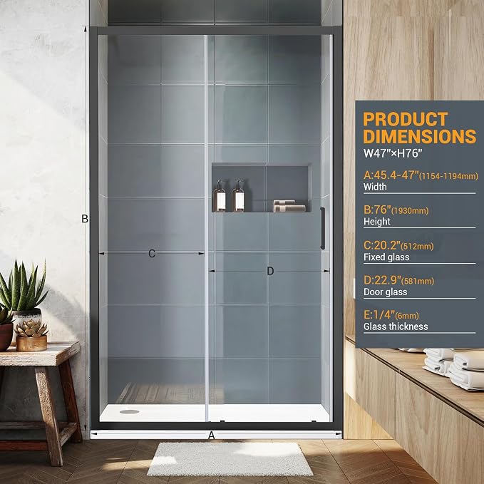 Bathroom Shower Glass Door 45.4"-47" W×76" H, Single Sliding Shower Door - Image 2