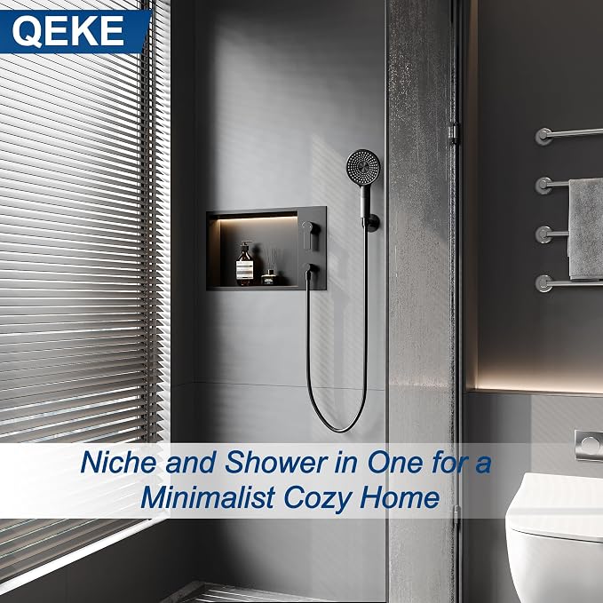 Shower Niche with Round Hand Shower, and LED Light in Matte Black/Horizontal - Image 6