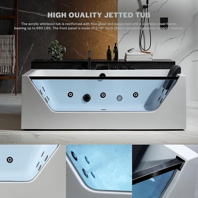 Empava Acrylic Whirlpool Bathtub, 71-Inch Jetted Bathtub - Image 3