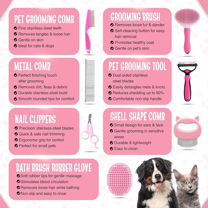 7-in-1 Pet Grooming Kit for Dogs & Cats Deshedding Brush, Bath Brush, Flea Comb - Image 4