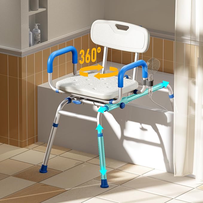 Sliding Shower Chair with Extra-Wide 360° Swivel Seat, 330lbs Tub Transfer Bench by Bluelog