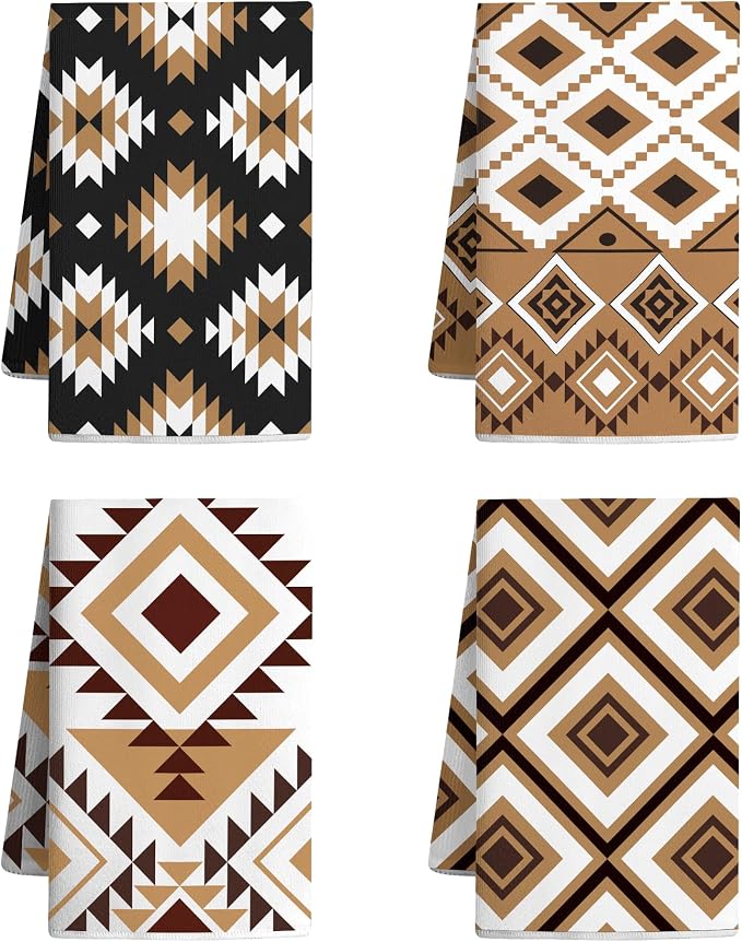 Set of 4 Western Aztec Kitchen Towels Vintage Themed Dish Towel Bathroom by Vetoxka