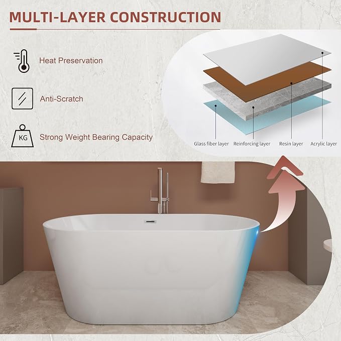 67 inch Freestanding Soaking Bathtub, Modern Stand Alone Free Standing Acrylic - Image 4