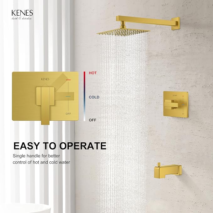 KENES Brushed Gold Tub and Shower Trim Kit, Square Tub Shower Faucet Set - Image 4