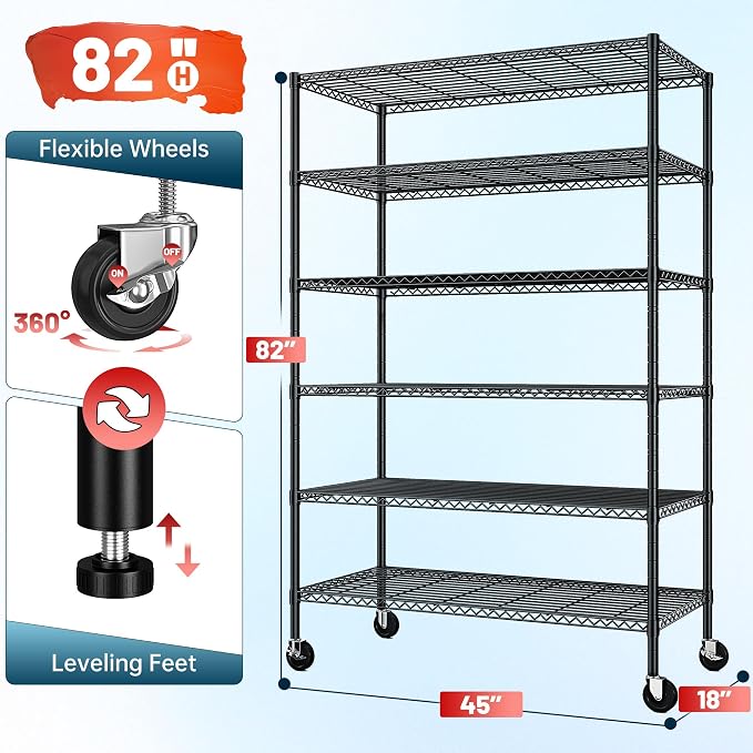82" H X45 W X18 D Wire Shelving Unit, 6 Tier Adjustable Storage Shelves - Image 3