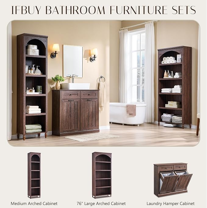 76" Tall Arched Bathroom Storage Cabinet, 5 Tiers Large Farmhouse Arched - Image 6