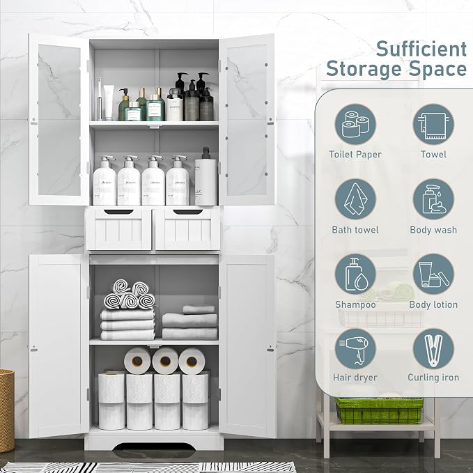 67" Tall White Bathroom Cabinet Storage Cabinet, Freestanding Storage Cabinet - Image 3