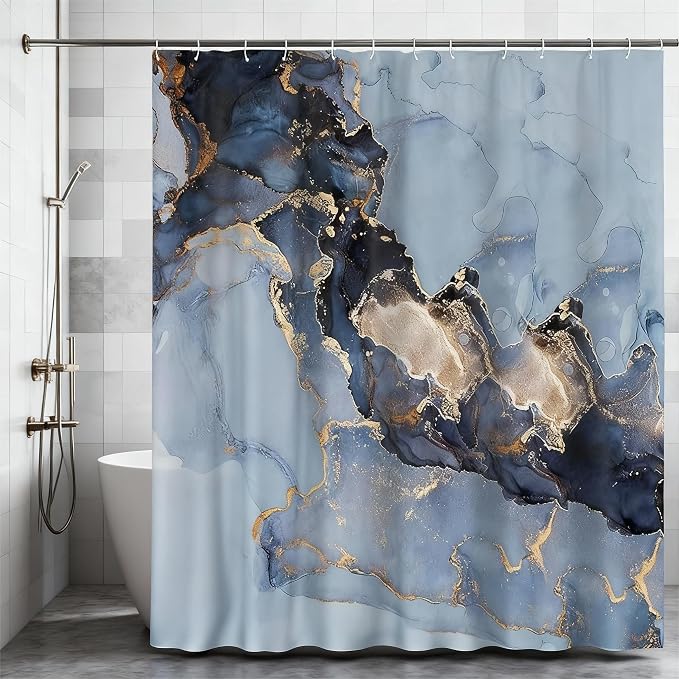 Domoku Blue Marble Shower Curtain 72x72 – Blue and Gold Waterproof Fabric by DOMOKU