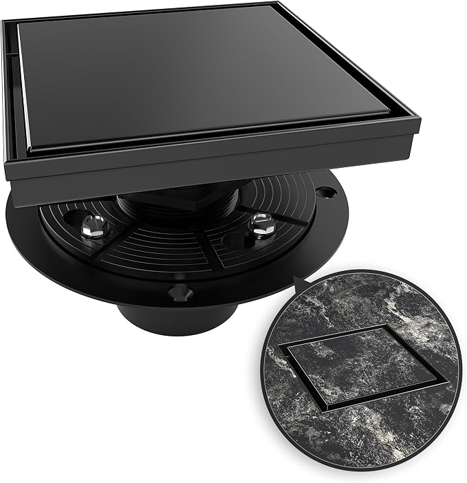 WEBANG 6 Inch Square Shower Drain Black Floor Drain by WEBANG