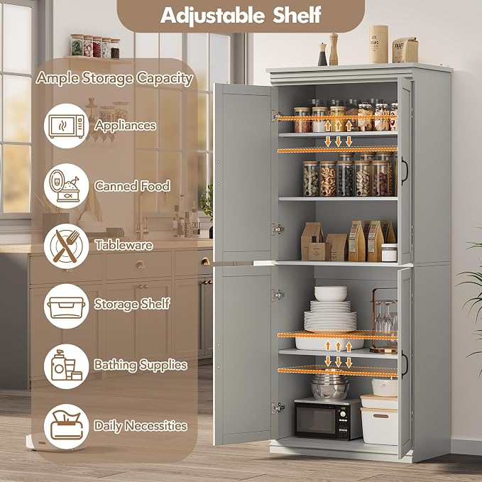 IDEALHOUSE Pantry Cabinet, Freestanding Cupboard, Tall Storage Cabinet - Image 4