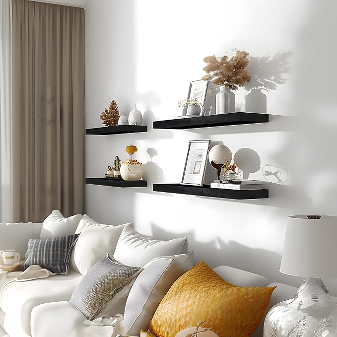 Black Wood Floating Shelves for Wall Rustic Wall Shelves for Bedroom Set of 6 - Image 2