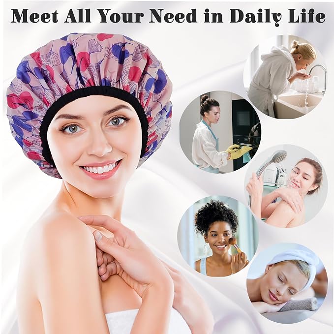 Shower Cap for Women, Shower Caps Reusable Waterproof, Large Plastic Satin - Image 6