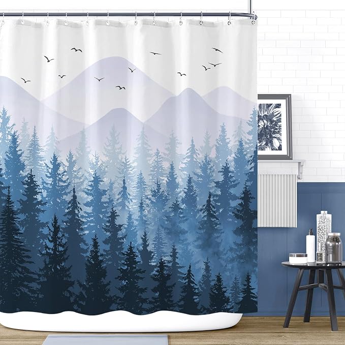 Aipon Blue Misty Forest Shower Curtain Ombre Nature Tree Plants Shower Curtains - Image 5