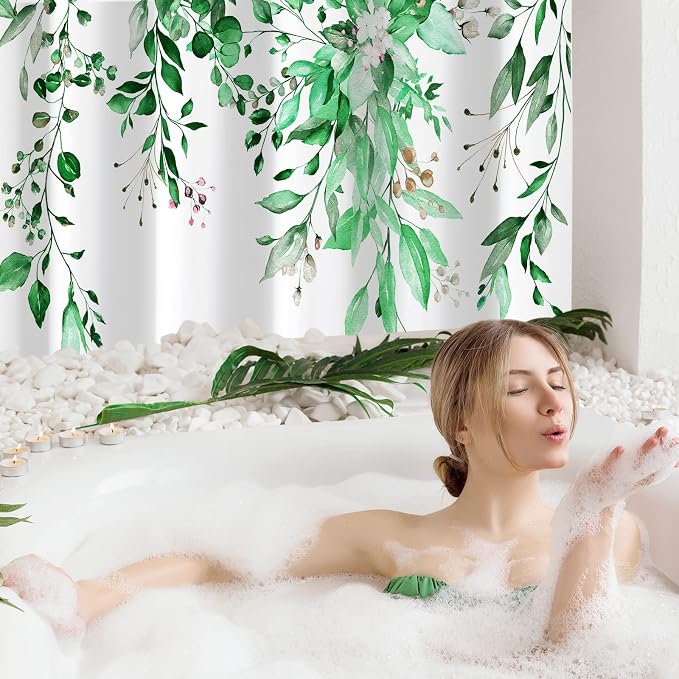Gibelle Emerald Green Eucalyptus Shower Curtain, Watercolor Plant Leaves - Image 2