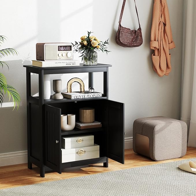COSTWAY Bathroom Floor Storage Cabinet, Modern Wooden Freestanding Storage - Image 4
