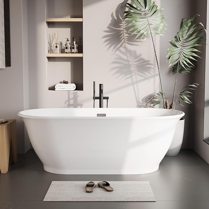 67 Inch Freestanding Acrylic Bathtub, Luxury Oval-Shaped Soaking Tub, Modern by GarveeTech