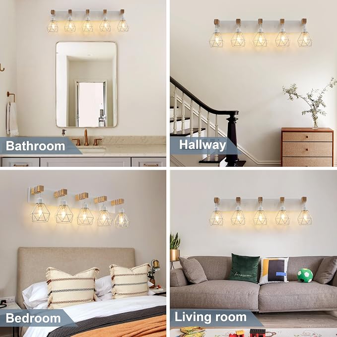Farmhouse Vanity Light for Bathroom, 5-Light White Wood Bathroom Vanity Light - Image 6