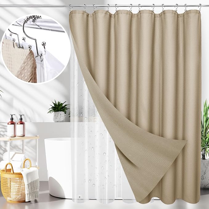 LaCyan 3 in 1 Waterproof Waffle Weave Shower Curtain and Clear Liner Set by Lacyan