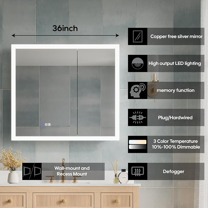 WELLFOR 36 x 32 Inch LED Medicine Cabinet - Image 6
