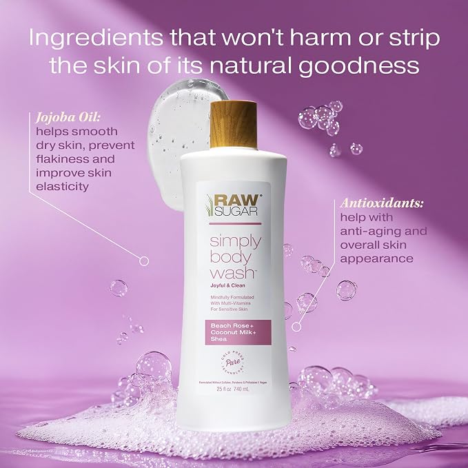 RAW SUGAR Simply Body Wash, Beach Rose + Coconut Milk + Shea Sensitive Skin - Image 4
